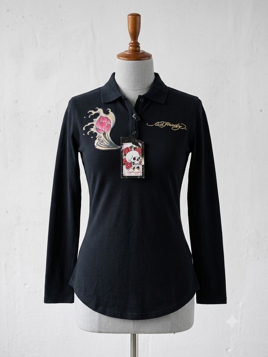 Ed Hardy Tops - Ed Hardy Women’s Black Long-Sleeve Polo Top with Pink Floral Accent